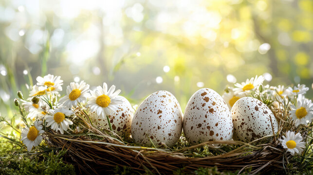 A charming birds filled with speckled easter eggs and adorned with delicate daisies rests peacefully amidst a sun dd field of vibrant green mossy foliage.