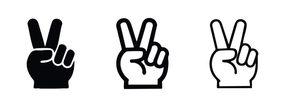Hand peace sign icon set, representing victory, peace, and positive gesture