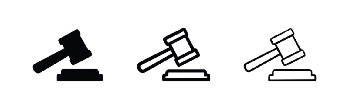 Gavel Icons Set. Black Silhouette and Outline Judge's Hammer for Law, Justice, and Auction