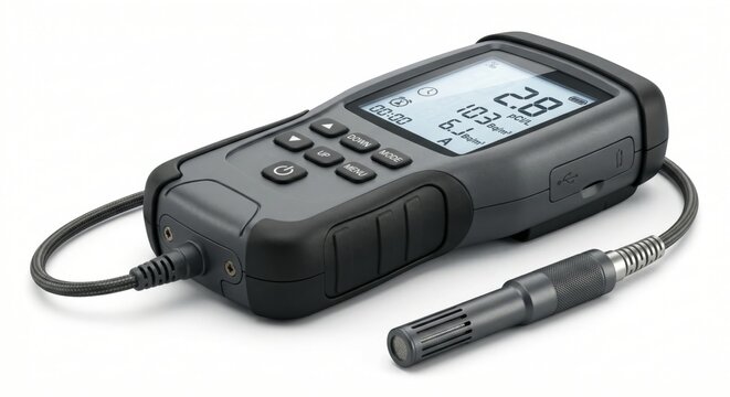 Radon meter device on white background with probe attached, modern portable radon detector