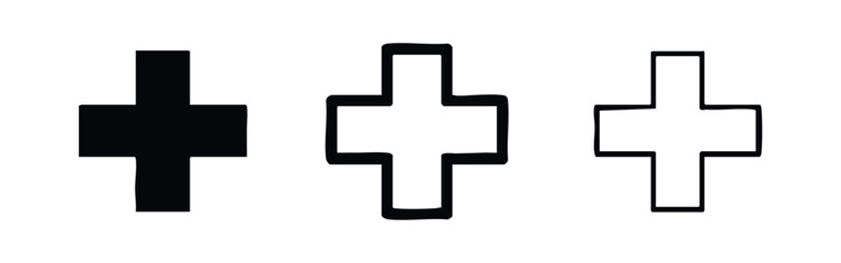 Fototapeta premium Square cross icons set. Stylized plus sign or cross symbol in three variations: solid, thick outline, and thin outline.