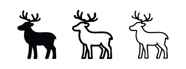 Fototapeta premium Reindeer icons set. Stylized deer symbol in three variations: solid, thick outline, and thin outline.