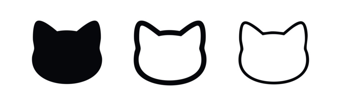 Cat head icon set in various styles, including solid, bold outline, and thin outline designs.