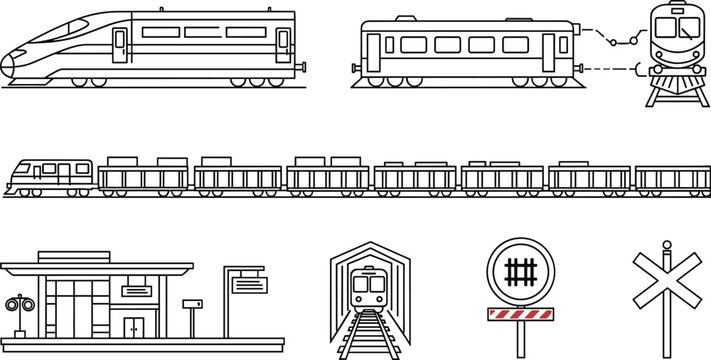 Railway Transportation Icons Set Featuring High-Speed Train, Passenger Cars, Train Stations, and Rail Signage for Travel and Infrastructure Designs