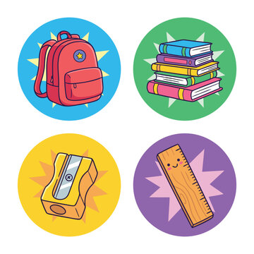 Cute School Supplies Icons Set.