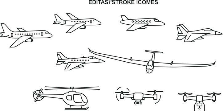 Aircraft Icons Set Featuring Airplanes, Jets, Helicopters, Gliders, and Drones for Aviation, Travel, and Technology Designs