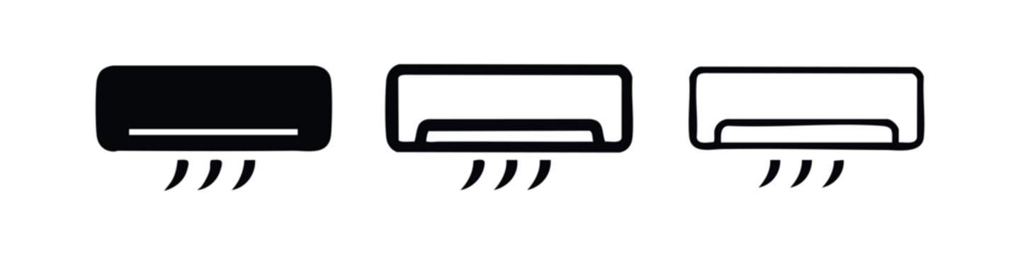 Air conditioner icon set in solid, outline, and thin line styles, symbolizing cooling, climate control, and HVAC appliances.