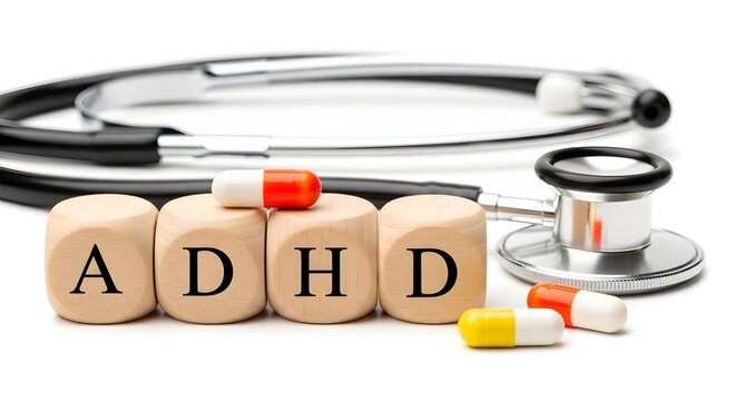 ADHD Medical Concept with Wooden Blocks Spelling ADHD and Stethoscope with Prescription Medication Pills on White Background for Healthcare Awareness, Mental Health Treatment and Clinical Diagnostics
