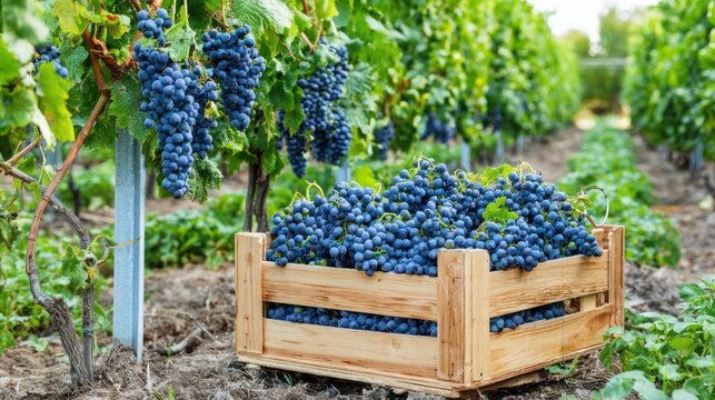 Freshly harvested grapes in a wooden crate with lush green vines and foliage