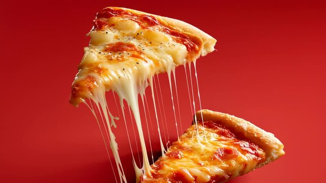 Melted cheese stretches from a slice of pizza being pulled away from another slice, set against a vibrant red background highlighting the deliciousness of the dish