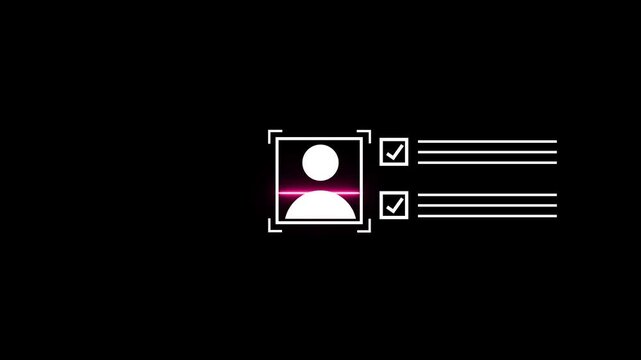 Neon green user profile icon with check mark and moving data lines on black background showing digital verification and technology concept in with 4k video animation.