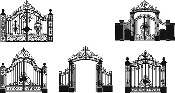 PrintOrnate Iron Gate Icons Set Featuring Decorative and Elegant Gates with Open and Closed Designs for Luxury, Entrance, and Architecture