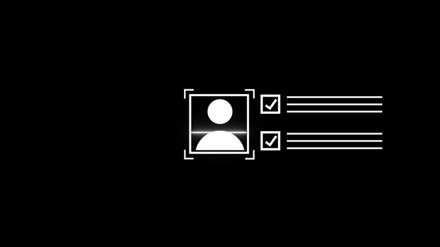 Neon green user profile icon with check mark and moving data lines on black background showing digital verification and technology concept in with 4k video animation.