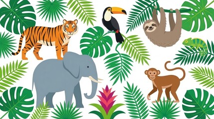 Fototapeta premium Tropical jungle animals illustration.