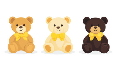 Fototapeta premium Set of three cute teddy bears with yellow bows sitting facing forward in different brown shades in flat minimalist vector style illustration for kids or toys concept