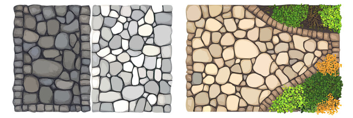 Naklejka premium Flat minimalist vector illustration of cobblestone tile road pavement in dark, light and beige color with green and orange plants, garden pathway, sidewalk design, texture pattern background