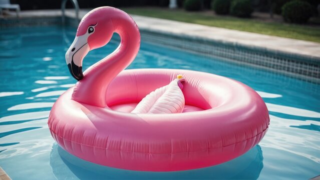 A single pink flamingo floats in a swimming pool, perfect for summer fun or decorative purposes