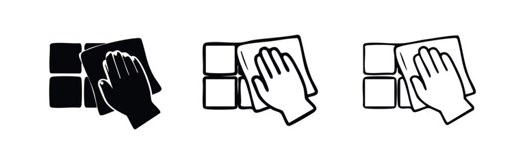 Obraz premium Hand wiping or cleaning tiled surface icon set. Housekeeping and hygiene for bathrooms or kitchens.