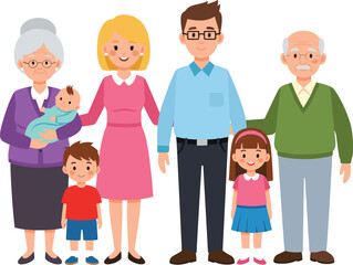 Fototapeta premium Happy Family Members Standing Together Parents Kids Grandparents Cartoon Vector Illustration
