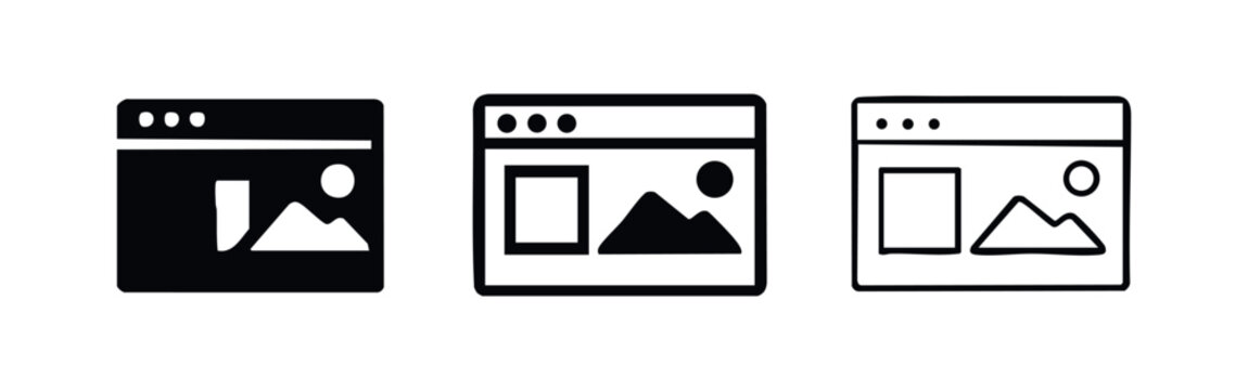 Web Browser Window with Image Gallery Icon Set: Online Picture Display, Website Content Vector Illustration