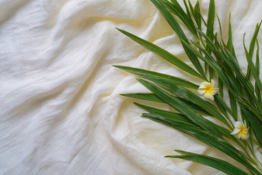 白い布地の背景に新鮮な葉と花