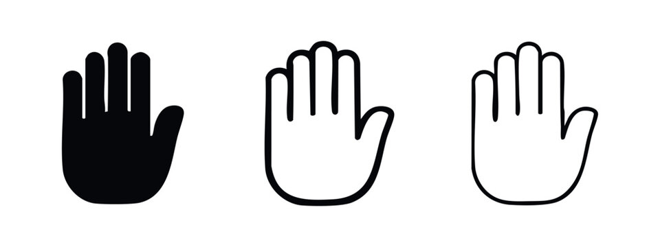 Stop hand gesture icons set. Warning palm symbol in flat black, thick outline, and thin line styles.