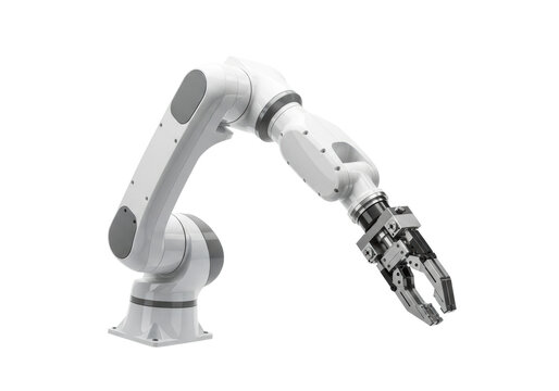 hyper-modern industrial robotic arm, sleek white composite and polished stainless steel gripper, razor sharp on transparent background with copy space. concept of advanced automation technology