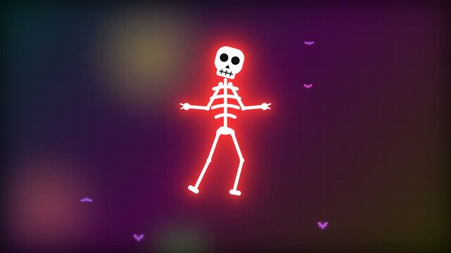 Glowing Dancing Skeleton Animation With Bats Against Dark Green Background