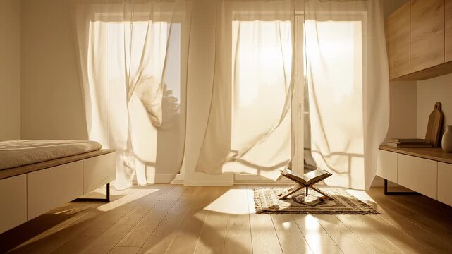 Minimalist Modern Prayer Corner in Sunlit Studio Apartment with Flowing White Curtains