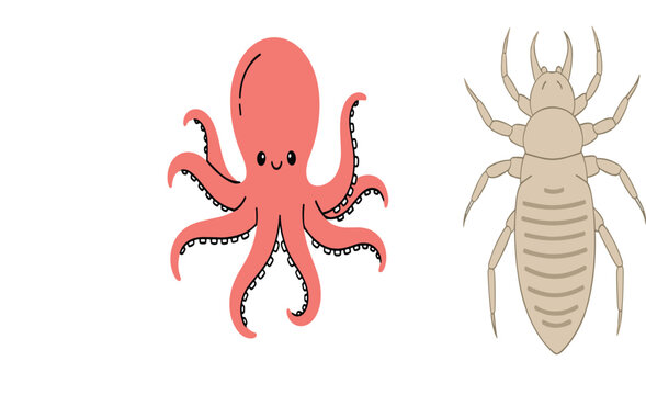 Flat vector illustration of a cute pink octopus character with tentacles alongside a detailed anatomical head louse insect isolated on white background.