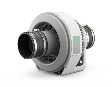 Radon mitigation fan on white background, modern compact design, green indicator light