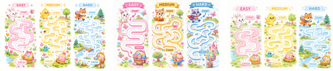 Fototapeta premium Easter Maze Game for Kids – Spring Bunny Printable Activity Worksheet, big vector set 