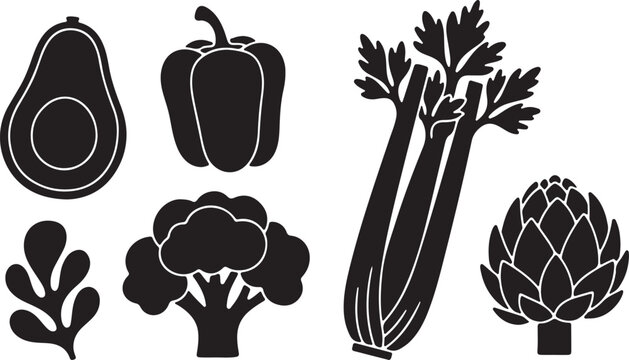 Healthy Eating Veggie Art Black White Avocado Bell Pepper Broccoli Leafy Greens Celery Artichoke Icons