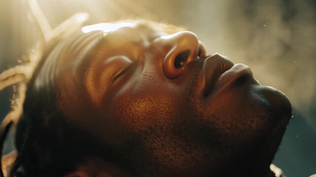 Close-Up of Person Breathing Heavily, Intense Moment Showing Physical Exertion, Fatigue or Anxiety, Capturing Rapid Respiration, Stress and Effort in a Dramatic Human Condition Scene