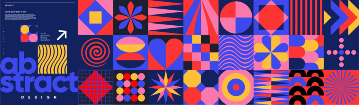 Abstract art design. Bold geometric vector illustrations of shapes, pattern, modern square composition, trendy objects for seamless background, poster, banner or magazine cover.