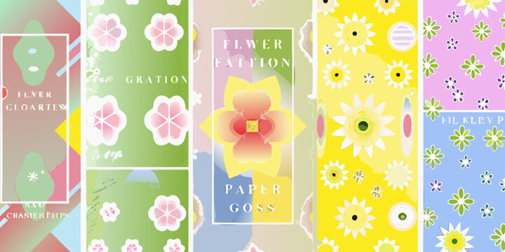 Colorful vertical panels featuring floral patterns and typography