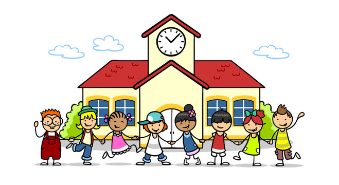 Kinder Gottesdienst in Kirche mit Gruppe Freunden vor Kirchturm