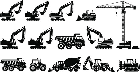 Black silhouettes of heavy construction machinery including excavators dump trucks cranes and tractors isolated on white background for industrial and building design projects. © MdHasmot