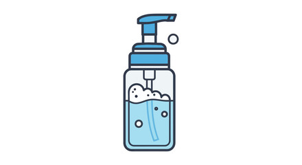Fototapeta premium Hand soap dispenser in minimalist line art style with blue color and bubbles for hygiene and cleanliness