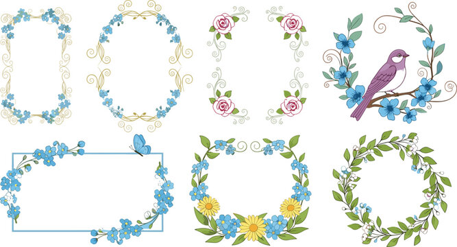 Elegant Floral Frame Vector Collection with Roses, Blue Flowers, Botanical Wreaths, Decorative Borders, and Bird Illustration for Wedding Invitations and Design Elements