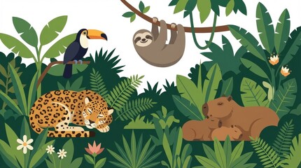 Fototapeta premium Tropical jungle animals and plants.