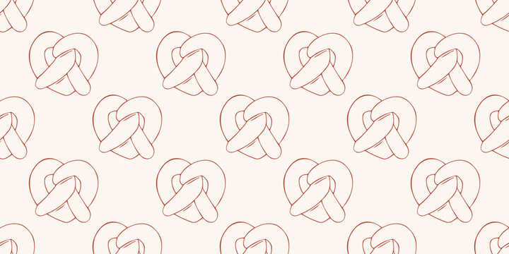 Seamless pattern with heart shaped bavarian pretzels in red line art style. Vector background for bakery, cafe menu and Oktoberfest decor. Minimalist hand drawn snack wallpaper isolated on beige.
