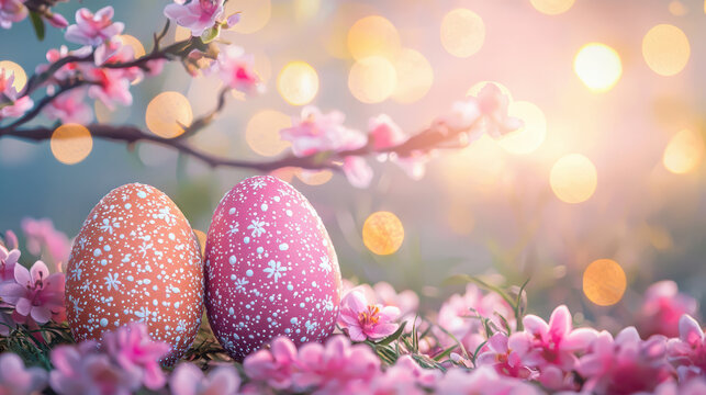 Two decorated Easter eggs led among vibrant pink blossoms and lush greenery, bathed in the soft glow of a sunny sp morning, creating a festive ambiance.