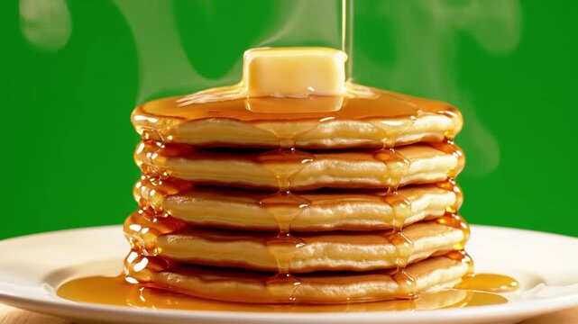 Delicious golden pancakes stacked high on a white plate with melting butter and thick maple syrup continuously pouring over them, creating a mouth-watering breakfast video footage.