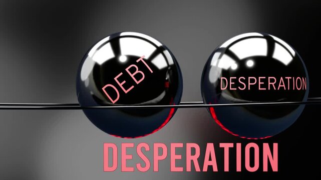 Overspending, debt and desperation in repeating, endless vicious circle. Overspending causes higher levels of debt, which then triggers desperation, which contributes to more overspending. 