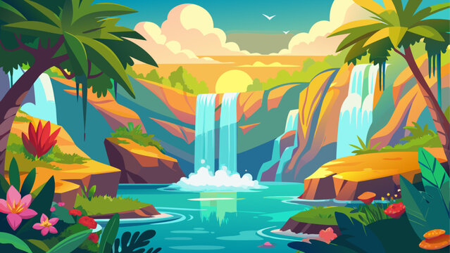 Tropical paradise, waterfall landscape, cartoon jungle, colorful illustration