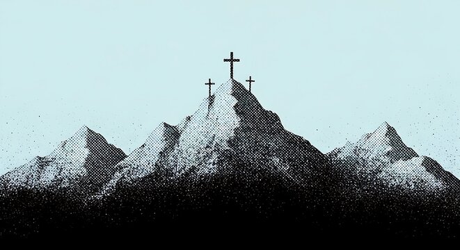 Minimalist halftone illustration of three black crosses standing atop a snowy mountain range under a pale blue sky