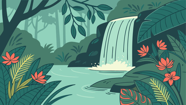 Tropical jungle, waterfall, lush foliage, green landscape, exotic plants