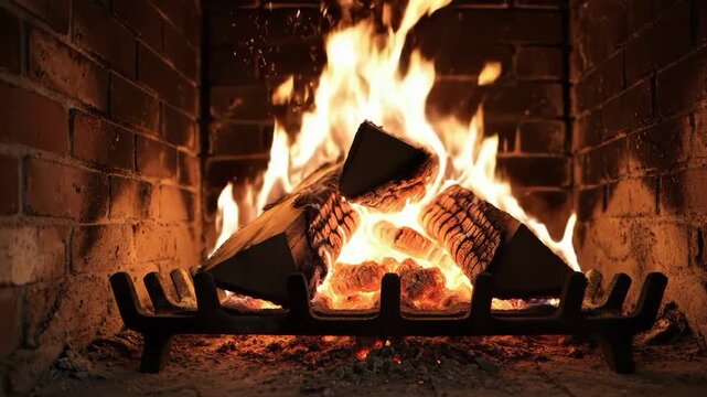 A large fire burns in a brick fireplace with a metal grate