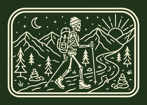 Skeleton hiking in the mountains minimalist line art illustration